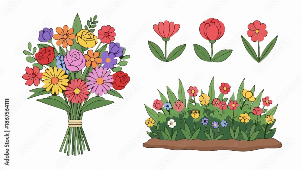 Obraz premium A colorful bouquet of flowers, separate blooms, and a patch of garden flora