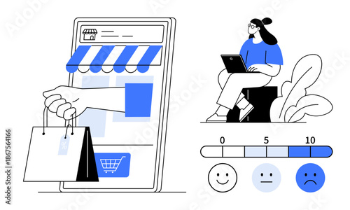 Online shopping experience. E-commerce digital purchasing, user reviews, and satisfaction levels. Online shopping simplifying transactions and influencing customer satisfaction. For retail, UX