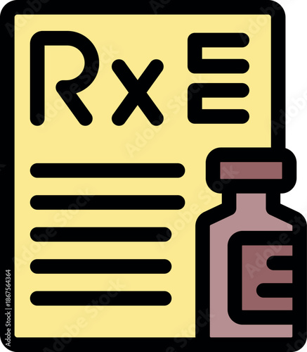 Medical prescription document with rx symbol and a vial containing medicine, symbolizing healthcare and treatment