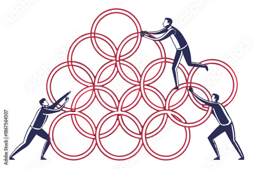 Creative teamwork concept shown by overlapping abstract human figures made from circles and lines