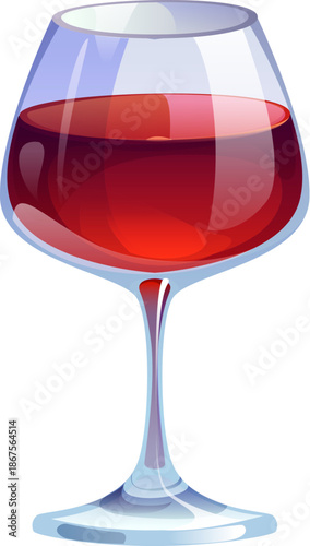 Cartoon wine alcohol drink. Glass goblet filled with dark red liquid wine beverage isolated on white. Vector beverage features a dark grape drink design for bar menu, restaurant graphic and party