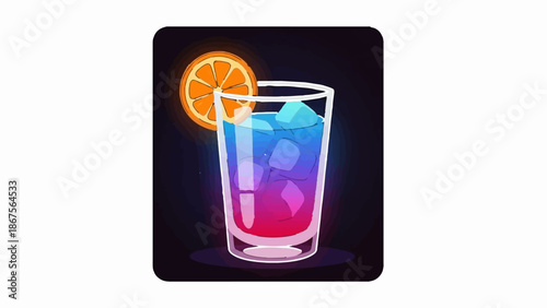 A colorful, ice-filled cocktail with a vibrant orange slice garnish, set against a dark, atmospheric backdrop