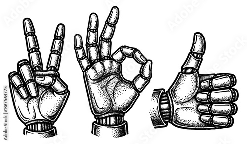 robotic hands making gestures: peace, okay, and thumbs up signs in retro halftone stipple effect style