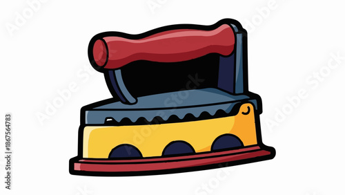 A cartoon-style antique clothes iron with a red handle, blue body, and yellow base