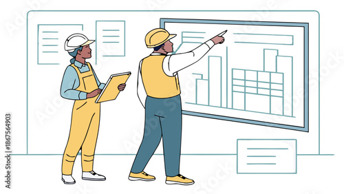 Construction team collaborating on large interactive digital blueprint screen,  An illustration of a construction team, a man pointing and a man holding a tablet, collaborating in front of a large 