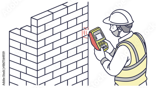 Construction worker inspecting wall with handheld scanner line art illustration, A line art illustration showing a construction worker wearing a hard hat, face mask, and safety vest, using a handheld 