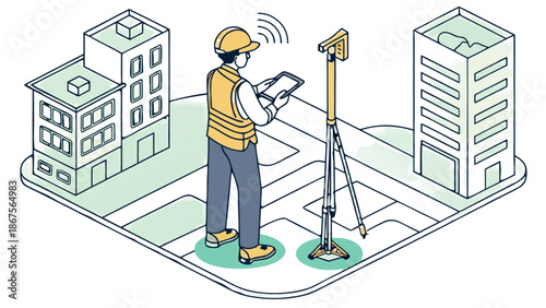 Construction worker viewing augmented reality building projection from tablet, A line art illustration of a construction worker holding a tablet that is projecting an augmented reality hologram model 