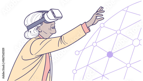 Senior woman experiencing virtual reality headset technology illustration, A line art illustration of a senior woman wearing a virtual reality headset and reaching out to interact with a glowing 