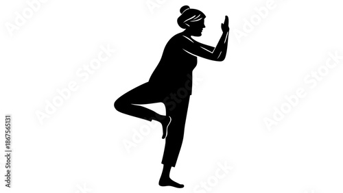 Silhouette of senior woman practicing yoga tree pose balance,  A black silhouette illustration of a senior woman balancing on one leg while practicing the yoga tree pose