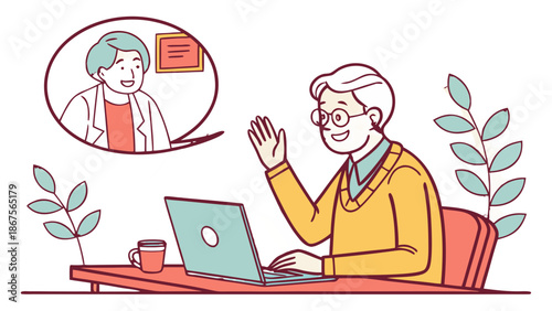 Senior man having telemedicine video call with doctor on laptop,  A line art illustration of a senior man waving at his laptop while having a telemedicine video consultation with a female doctor shown