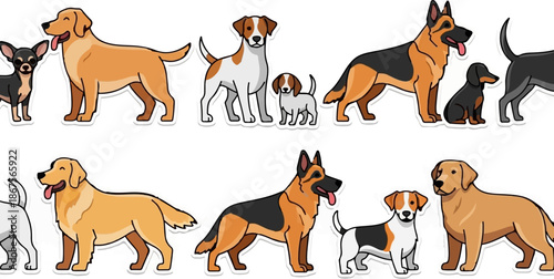 A collection of diverse cartoon dogs, showcasing various breeds and sizes