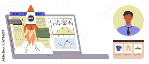 Entrepreneurship, business growth, e-commerce, analytics, project management, startup strategy. A rocket launching from a laptop with charts and an avatar. Business growth and e-commerce