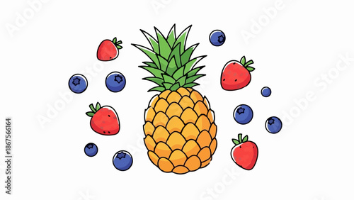 A central pineapple is surrounded by scattered strawberries and blueberries in a simple illustration