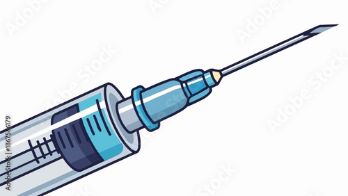 A close-up cartoon illustration of a medical syringe with blue liquid