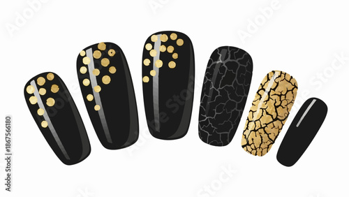 A collection of five black artificial nails with varied artistic designs