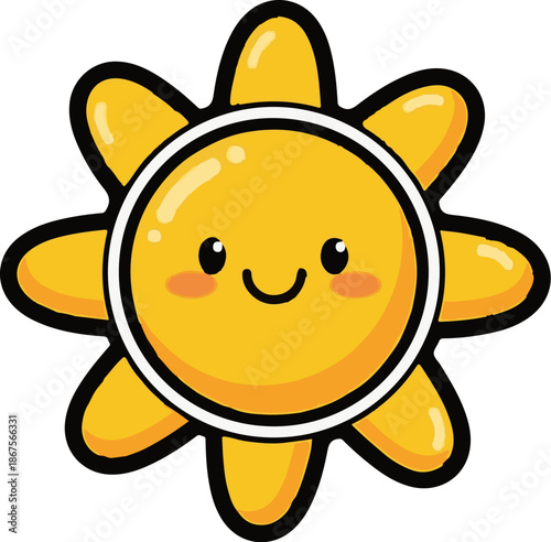 A cheerful cartoon sun with rosy cheeks and a wide smile radiates warmth and joy