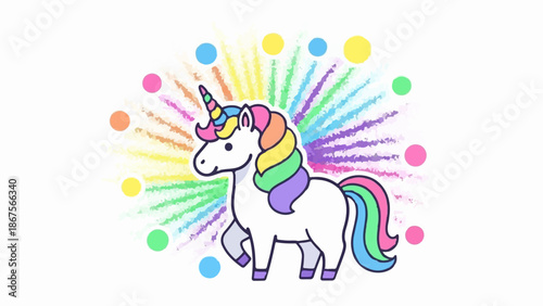 A cheerful cartoon unicorn with rainbow mane and tail prances amidst colorful starbursts and dots