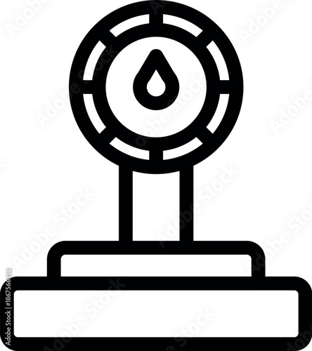 Simple, bold line icon of a water meter with a prominent water drop, symbolizing water consumption measurement for billing and conservation efforts