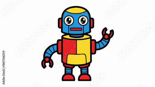 A cheerful, cartoonish robot with big eyes, a blue head, and a red and yellow body