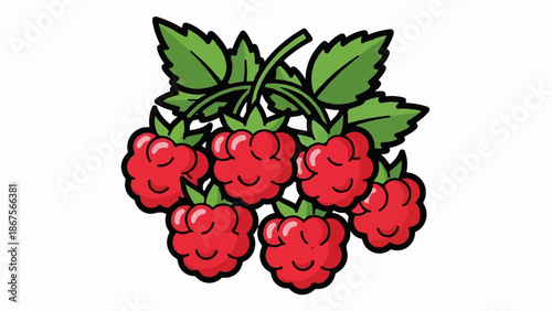 A cluster of ripe red raspberries with green leaves on white