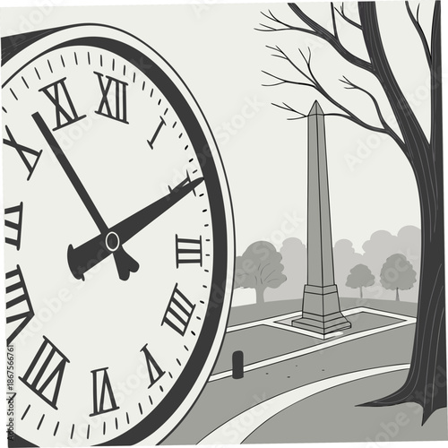 Clock and monument in a park