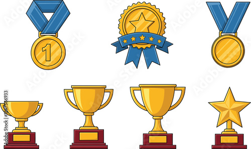 Gold trophy and medal award icons set with ribbons, stars, and championship prize illustrations
