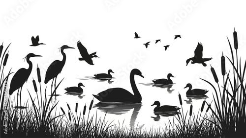 Serene Silhouette of Various Water Birds in a Tranquil Wetland Habitat with Reeds and Reflective Water
