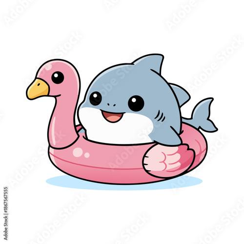 Cute cartoon shark floating happily in a vibrant pink flamingo swim ring graphic art