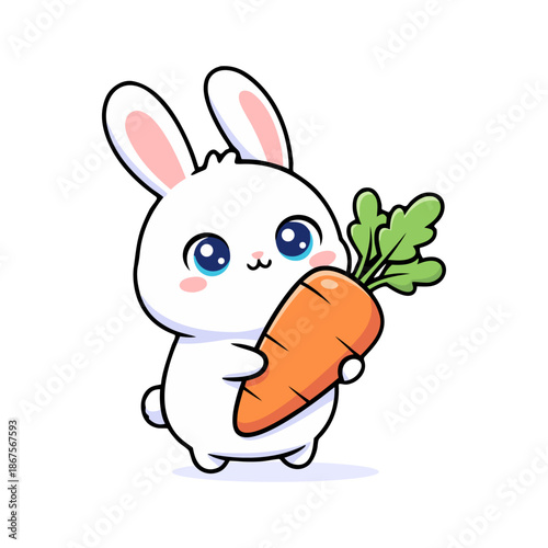 Cute cartoon white bunny rabbit happily holding fresh orange carrot vector illustration