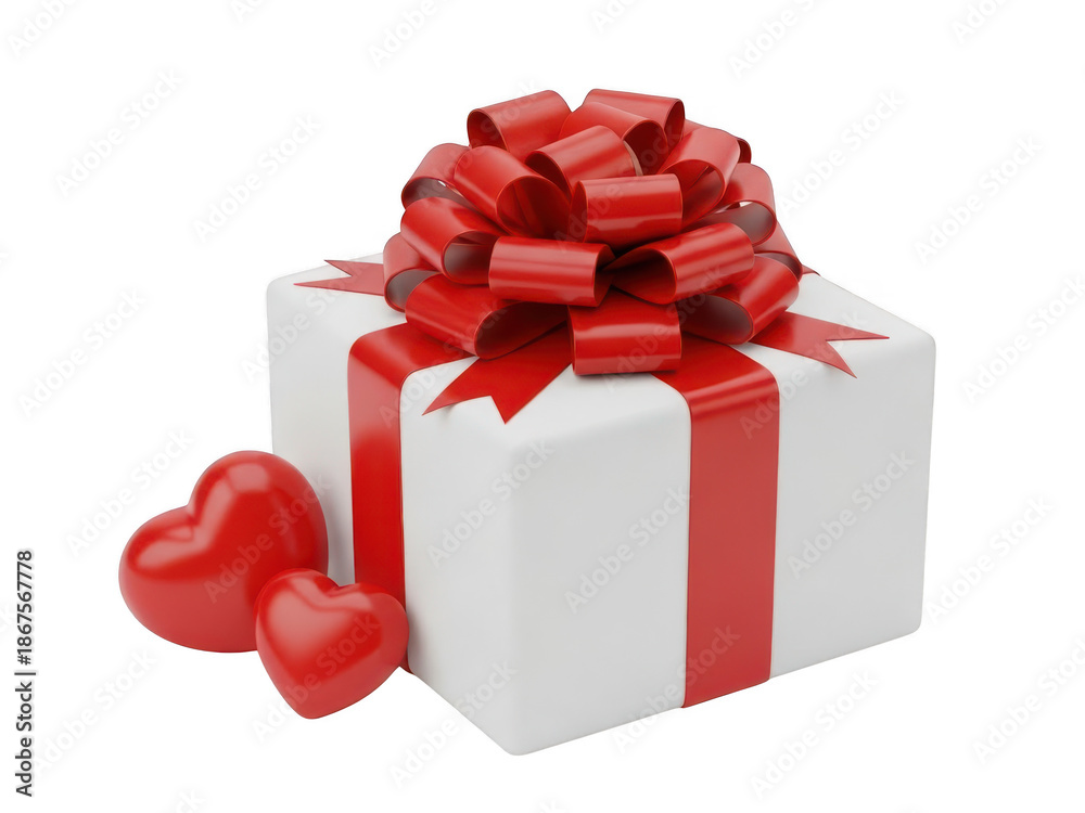 Obraz premium White gift box with red ribbon and hearts isolated on transparent background
