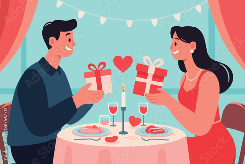 Couple exchanging gifts at romantic dinner table with candlelight, heart decor, and festive ambiance.