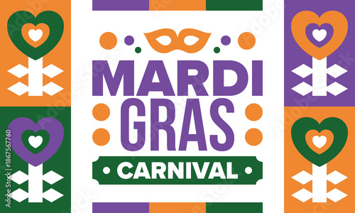 Mardi Gras Carnival in New Orleans. Fat Tuesday. Traditional holiday, celebration annual. Folk festival, costume masquerade, fun party. Carnival mask. Poster, card, banner and background. Vector