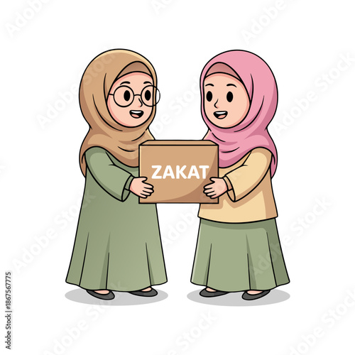 Cute Hand drawn Two Muslim Woman Giving Zakat Charity Illustration