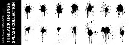 Grunge ink splatter. Splash of paints, spray drops staining and frame with wet paint drop traces  set. silhouette blob spray collection