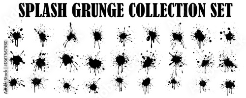 Ink splashes and drops. Grunge ink splatter, liquid drip splash, black blots and splashes. Artistic ink spots  illustration set