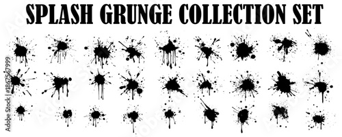 Big collection of black grunge ink splash. Ink splashes and drops. Grunge ink splatter. Artistic ink spots  illustration set