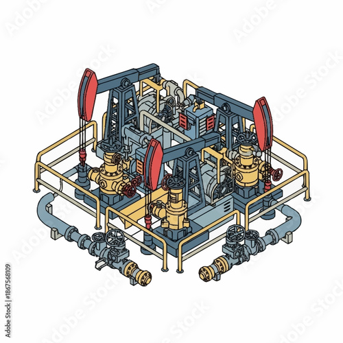 Industrial oil pumpjacks and pipeline system for petroleum extraction.