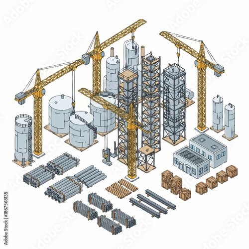 Isometric Construction Site with Cranes and Building Materials.