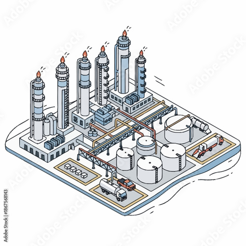 Isometric illustration of a detailed oil refinery and storage facility.