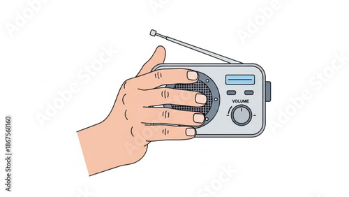 A hand adjusting the dial on a vintage portable radio with antenna extended