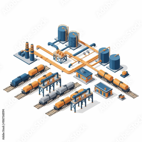 Isometric industrial complex with oil refinery, storage tanks, and railway transportation system.