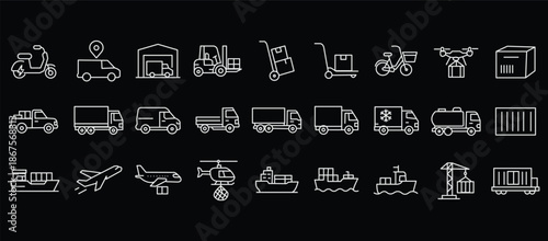 Commercial vehicles line icon set. Vector pictograms of container, pallet, forklift, plane, drone, helicopter, ship, train, cargo truck, warehouse, thin linear illustration.