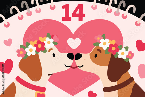 Two cartoon dogs touching noses with heart shape and Valentine’s Day decor on pink background.