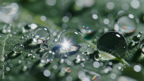 Wallpaper Mural Abstract microscopic view of repeating water spheres reflecting light across the textured surface of a dark emerald foliage creating a seamless loop emerald, rainy, seamless Torontodigital.ca
