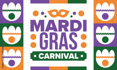 Mardi Gras Carnival in New Orleans. Fat Tuesday. Traditional holiday, celebration annual. Folk festival, costume masquerade, fun party. Carnival mask. Poster, card, banner and background. Vector