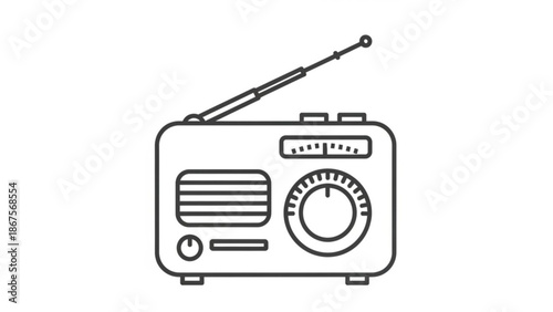 A black line drawing of a vintage portable radio with an antenna on a white background