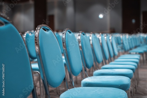 Modern Conference Room with Rows of Empty Blue Chairs in Neat Arrangement.