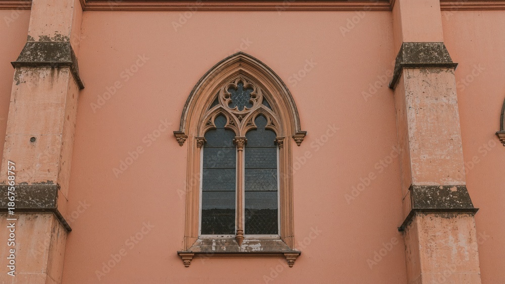 Fototapeta premium A church window on a pink building with gothic architecture details.