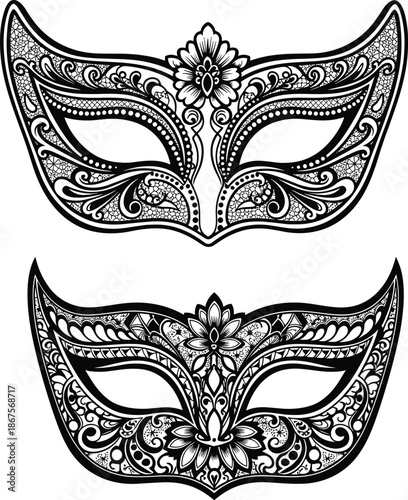 Elegant black and white carnival mask set with intricate floral lace patterns, Venetian masquerade ball vector illustration, cad drawing flat vector illustration