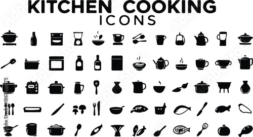 Kitchen cooking icons set with various cookware utensils appliances and food preparation tools in solid black silhouette vector style
